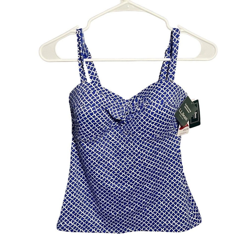 NWT L.L.Bean Women's Size 6 Regular Blue White Pattern Tankini Swim Top UPF 50+